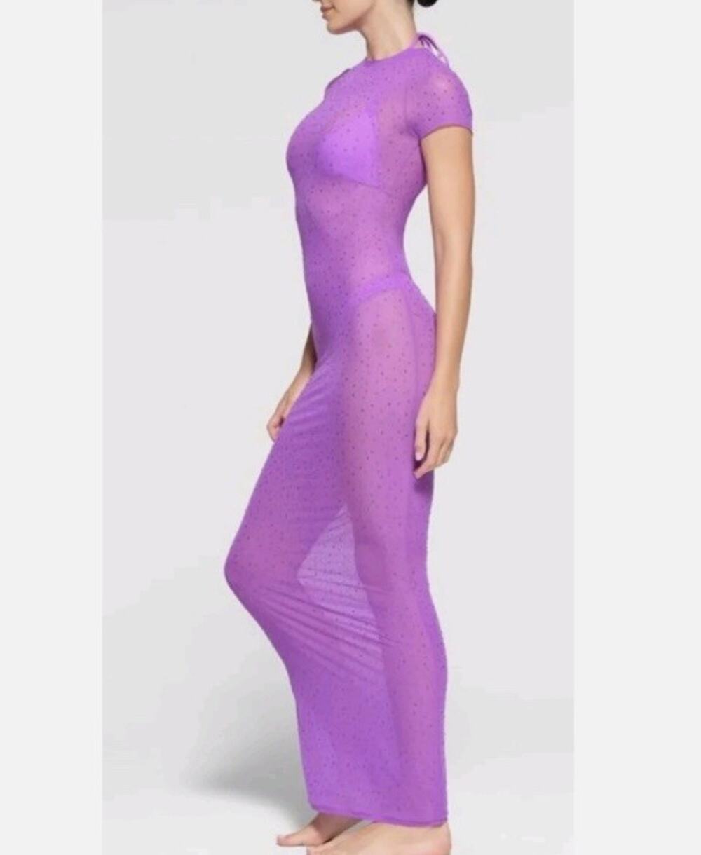NEW SKIMS Rhinestone Mesh Maxi Dress Cover Up Size Medium Sheer Bodycon RARE